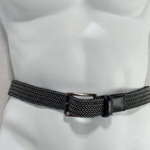 BEN HOGAN Men Black White Braided Elastic Belt Silver Metal Buckle  Leather Trim